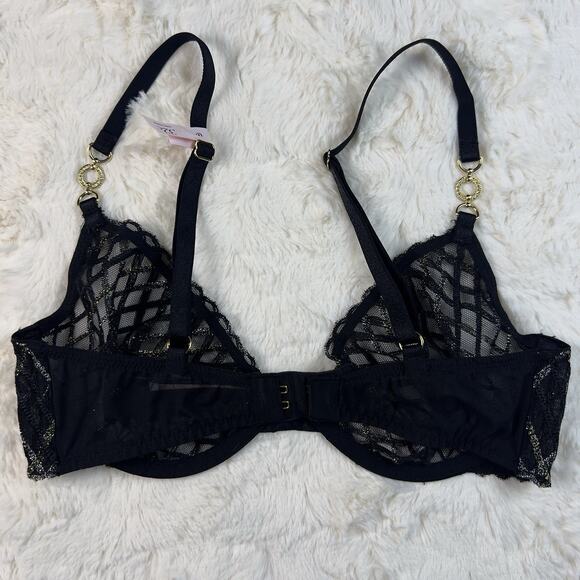 Victoria's Secret Dark Black Mesh Lace Shimmery Demi Bra 32B Gold Detail NWT - Picture 2 of 7